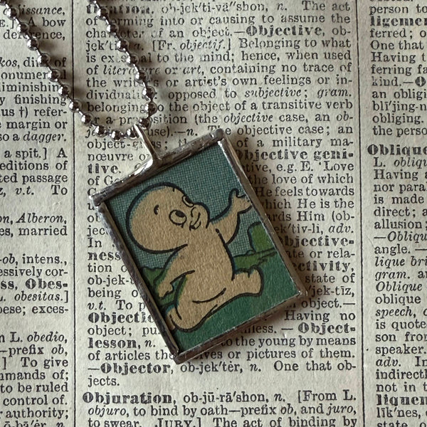 Casper the Friendly Ghost and Wendy the Good Witch, vintage 1970s comic illustration, upcycled to soldered hand-soldered glass pendant