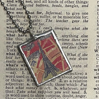 Paris France, Eiffel Tower, hand-soldered glass pendant, vintage perfume advertising illustrations,  upcycled to soldered glass pendant