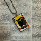 Owls and full moon - vintage halloween illustrations, upcycled to hand-soldered glass pendant