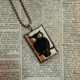Owls and full moon - vintage halloween illustrations, upcycled to hand-soldered glass pendant