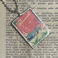 1 Bermuda, hand-soldered glass pendant, vintage travel poster / postcard illustrations,  upcycled to soldered glass pendant