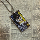 black cat and owl - vintage halloween illustrations, upcycled to hand-soldered glass pendant