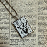 Skeleton and Boogie Monster- vintage halloween illustrations, upcycled to hand-soldered glass pendant