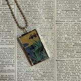 Purple iris flowers, pink cherry blossoms, vintage japanese painted screen up-cycled to soldered glass pendant