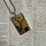 Purple iris flowers, pink cherry blossoms, vintage japanese painted screen up-cycled to soldered glass pendant