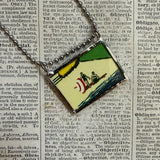 Lake Tahoe, vintage travel poster illustration up-cycled to soldered glass pendant