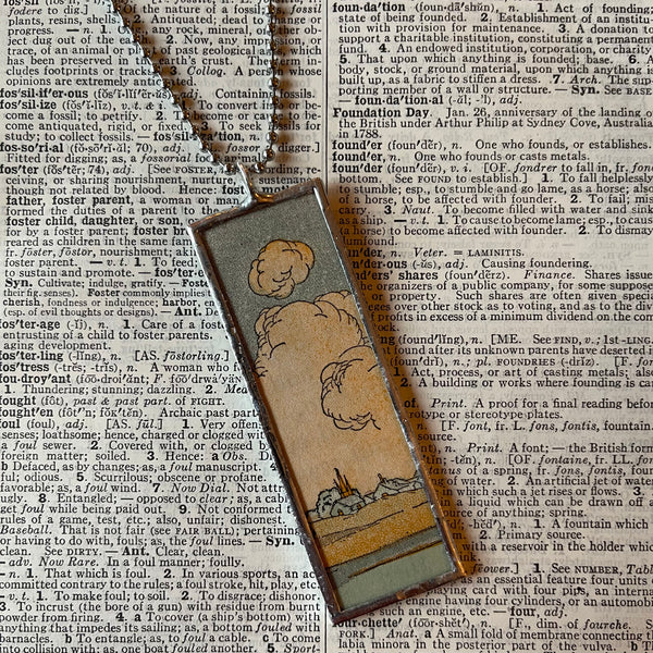 1 - Clouds, blossoming tree branches, vintage 1930s children's book illustrations, up-cycled to soldered glass pendant