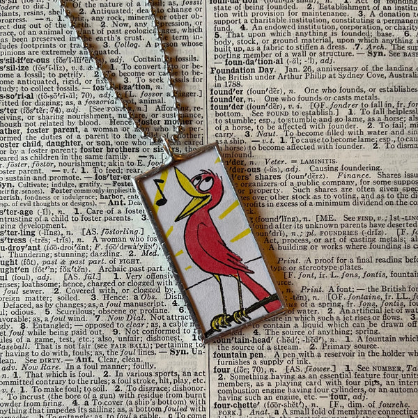 1 - Songbird, rising sun, vintage Dr. Seuss children's book illustrations, up-cycled to soldered glass pendant