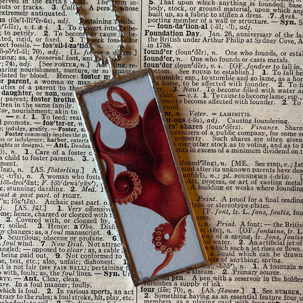 1 Octopus, jellyfish vintage illustrations up-cycled to soldered glass pendant