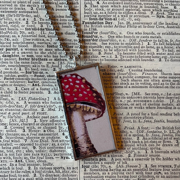 1 - Mushrooms and frog, vintage illustrations up-cycled to soldered glass pendant