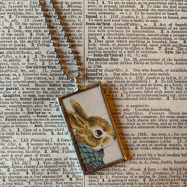 Country Bunny and the Little Gold Shoes , original vintage childrens' book illustrations, upcycled to soldered glass pendant