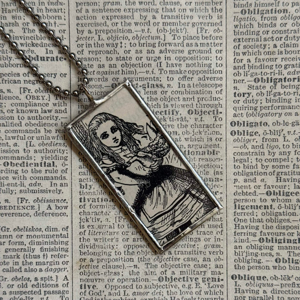 Alice in Wonderland, original illustrations from vintage book, up-cycled to soldered glass pendant