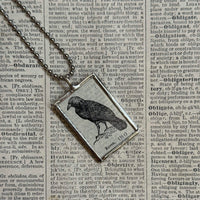 Raven, vintage 1930s dictionary illustration, upcycled to soldered glass pendant
