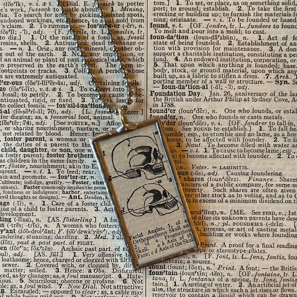 1 - Skulls - vintage dictionary illustration, up-cycled to soldered glass pendant