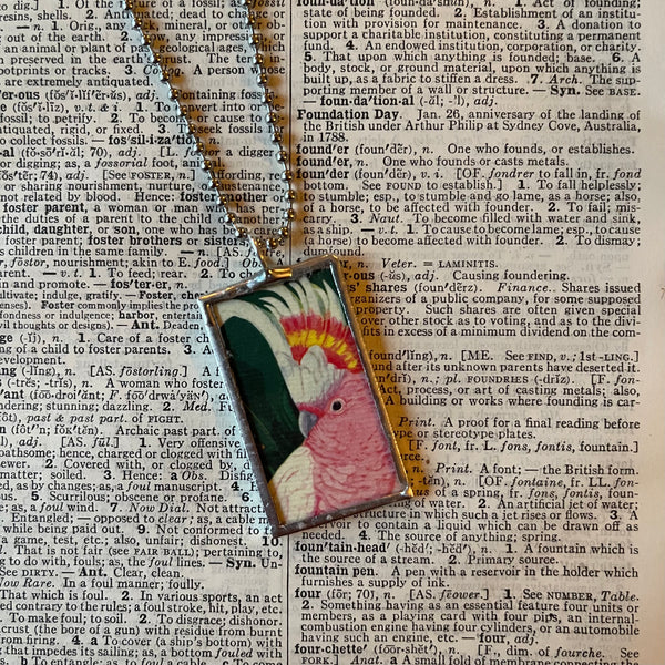 Parrots, tropical birds, vintage illustrations up-cycled to soldered glass pendant