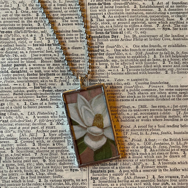 1 Magnolia blossoms, vintage botanical illustrations, upcycled to soldered glass pendant