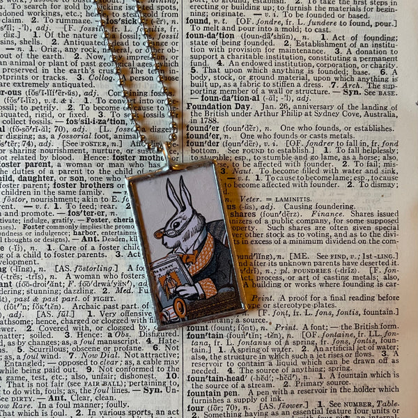 Rabbits, vintage illustrations upcycled to soldered glass pendant