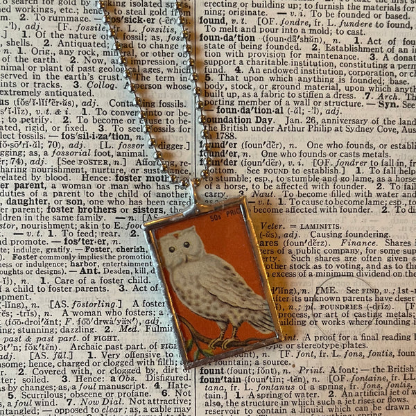1 White owl, full moon, vintage illustrations up-cycled to soldered glass pendant
