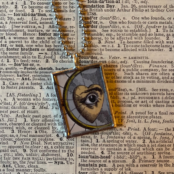 1 Hearts, eyes, vintage illustrations upcycled to soldered glass pendant