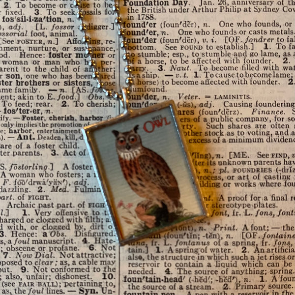 1 Owls, vintage illustrations up-cycled to soldered glass pendant