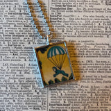 1 Red hand, parachute, vintage illustrations up-cycled to soldered glass pendant