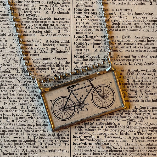 1 Bicycle, vintage illustration up-cycled to hand-soldered glass pendant