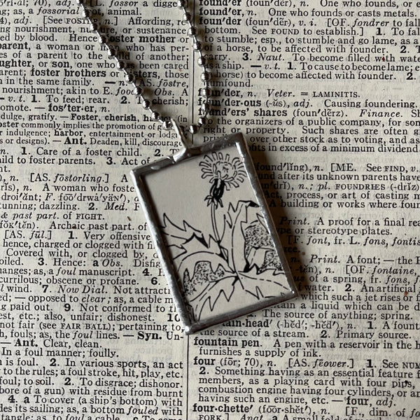 1 Dandelions, vintage illustrations up-cycled to soldered glass pendant