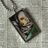 Tamara de Lempicka Art Nouveau Woman painting,  upcycled to 2-sided soldered glass pendant