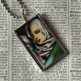 Tamara de Lempicka Art Nouveau Woman painting,  upcycled to 2-sided soldered glass pendant