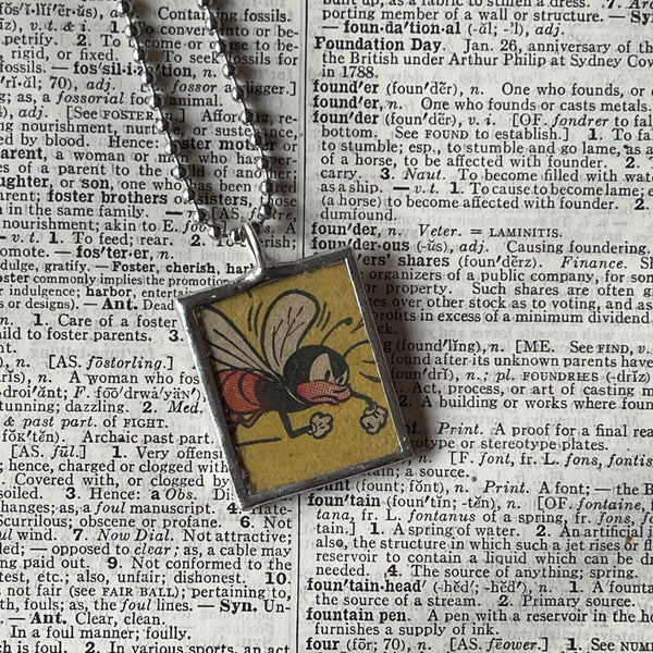 1 Bees, vintage 1970s comic book illustration, upcycled to soldered glass pendant