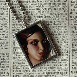 Tamara de Lempicka Art Nouveau Woman painting,  upcycled to 2-sided soldered glass pendant