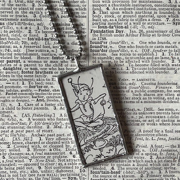 1 Fairy on a mushroom, vintage illustrations up-cycled to soldered glass pendant
