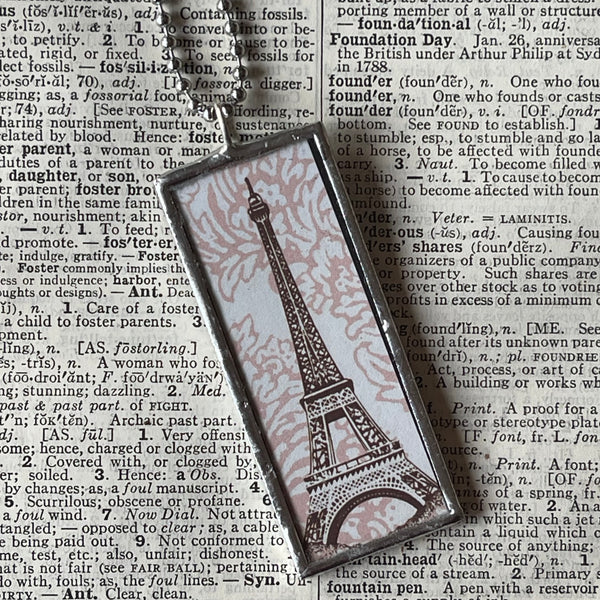 1 Paris France, Eiffel Tower, hand-soldered glass pendant, vintage perfume advertising illustrations,  upcycled to soldered glass pendant
