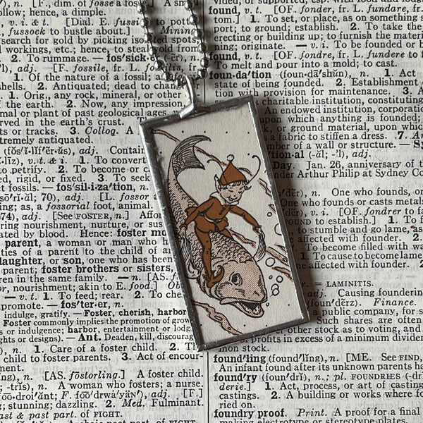 1 Fairy with a mushroom, vintage illustrations up-cycled to soldered glass pendant