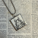 Gorey - Cat / Girl Vintage book illustrations, hand-soldered glass pendant