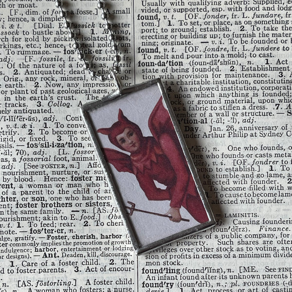 1 Little devil, volcano, vintage illustrations up-cycled to soldered glass pendant