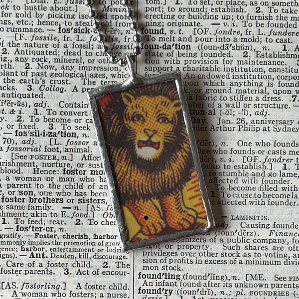 1 Lions, vintage illustrations up-cycled to soldered glass pendant
