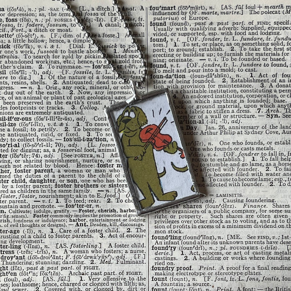 1 Dog playing violin, trumpet - original illustrations from vintage Dr. Seuss dictionary, up-cycled to soldered glass pendant