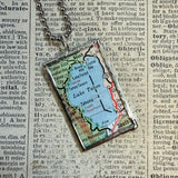 Lake Tahoe vintage map, hand-soldered glass pendant