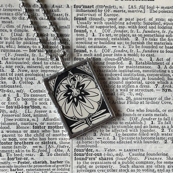 1 Ballerina, birds, vintage 1930s book illustrations up-cycled to soldered glass pendant