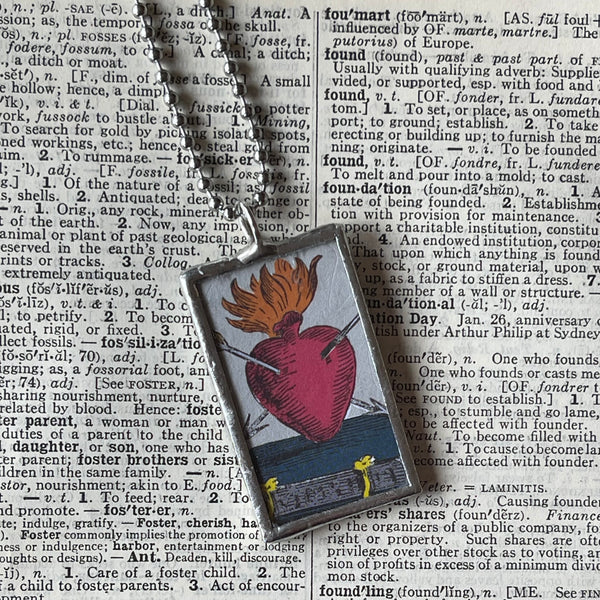 1 Flamining Heart, Sacred Heart, vintage 1930s book illustrations up-cycled to soldered glass pendant
