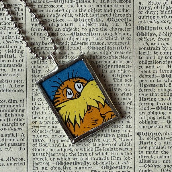 The Lorax, original illustrations from vintage book, up-cycled to soldered glass pendant