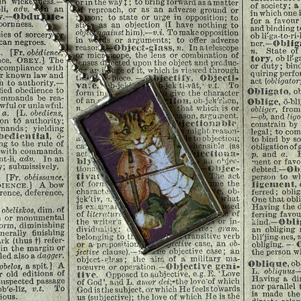 Cat, Kitten, Kitty, vintage children's book illustrations, up-cycled to soldered glass pendant