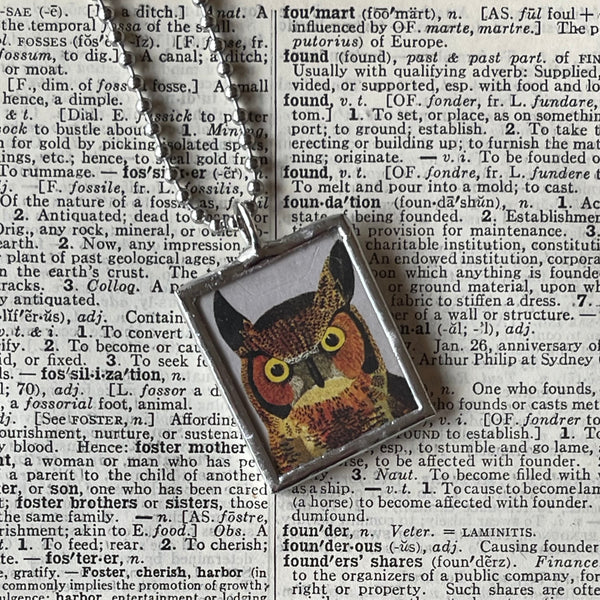 1 Owl, crested bird, vintage illustration upcycled to soldered glass pendant
