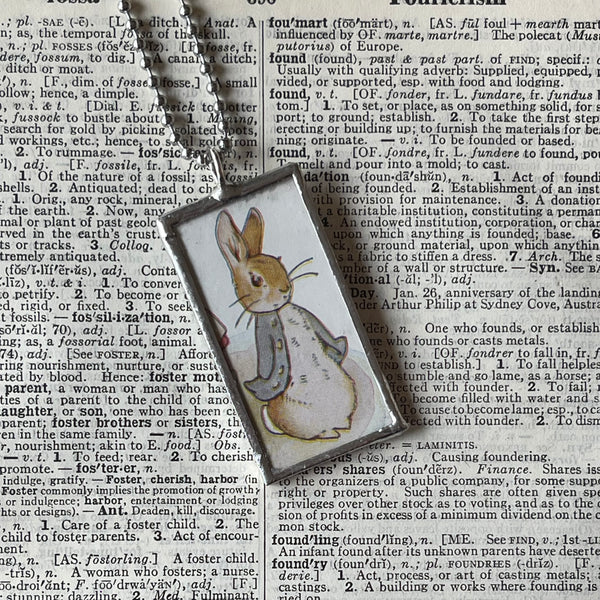 Peter Rabbit, Beatrix Potter illustration from vintage, children's classic book, up-cycled to soldered glass pendant