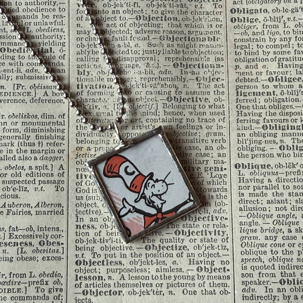 Cat in the Hat, original illustrations from vintage book, up-cycled to soldered glass pendant