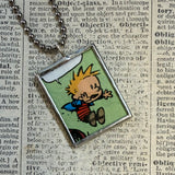 Calvin & Hobbes, original vintage comic book illustrations, upcycled to soldered glass pendant