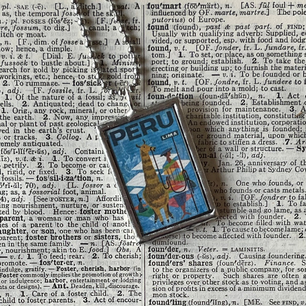 1 Peru vintage travel poster images, upcycled hand soldered glass pendant