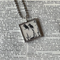 1 Frog, birds, vintage 1930s book illustrations up-cycled to soldered glass pendant
