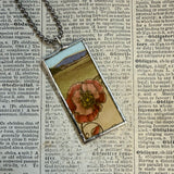 Red poppy, plum blossoms, vintage illustrations up-cycled to soldered glass pendant